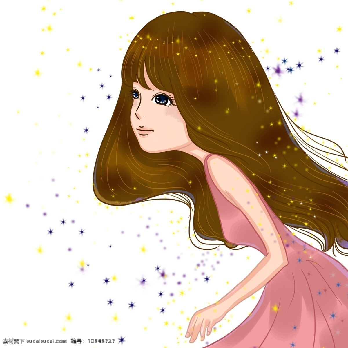 漫画 少女 卡通 人物 星空中的女孩 为梦追逐 粉色裙子 漫天星星 亮晶晶 长发飘飘