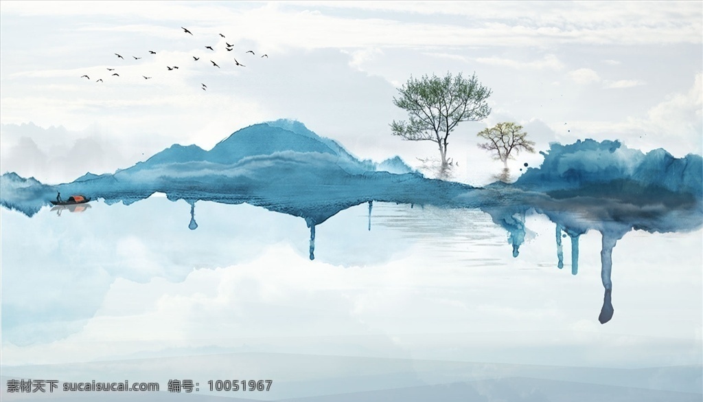 水墨山水 小船 樹(shù) 大雁背墻圖片 大雁 背景墻 電視背景墻 現(xiàn)代背景墻 中式背景墻 分層