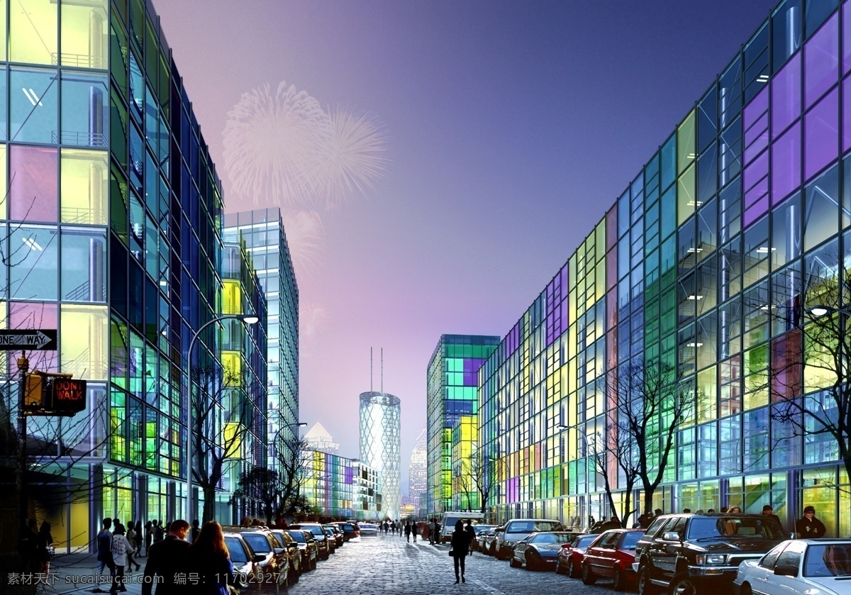 商業(yè)街 夜景 人物 汽車 街道 路燈 馬路 商場(chǎng) 樹木 禮花 燈光效果 房屋 建筑物 藍(lán)色天空 環(huán)境設(shè)計(jì) 景觀設(shè)計(jì)
