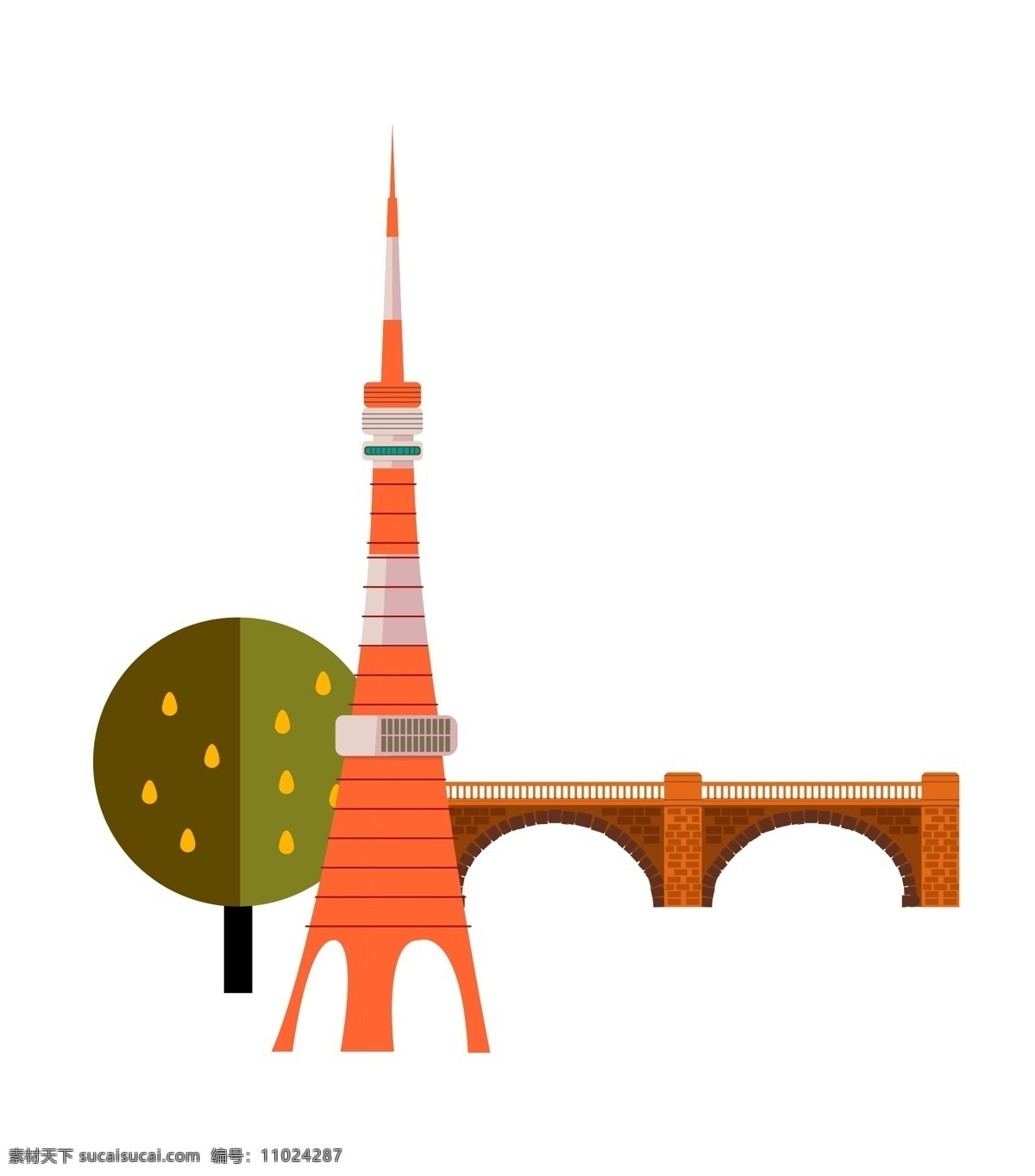 日本 埃菲尔铁塔 插画 橙色 装饰 立体 卡通