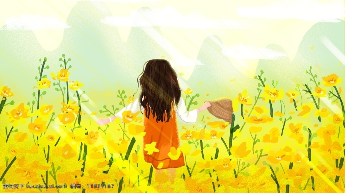 黄色 彩绘 原创 油菜花 女孩 背景 郊外 旅游 创意 插画 唯美