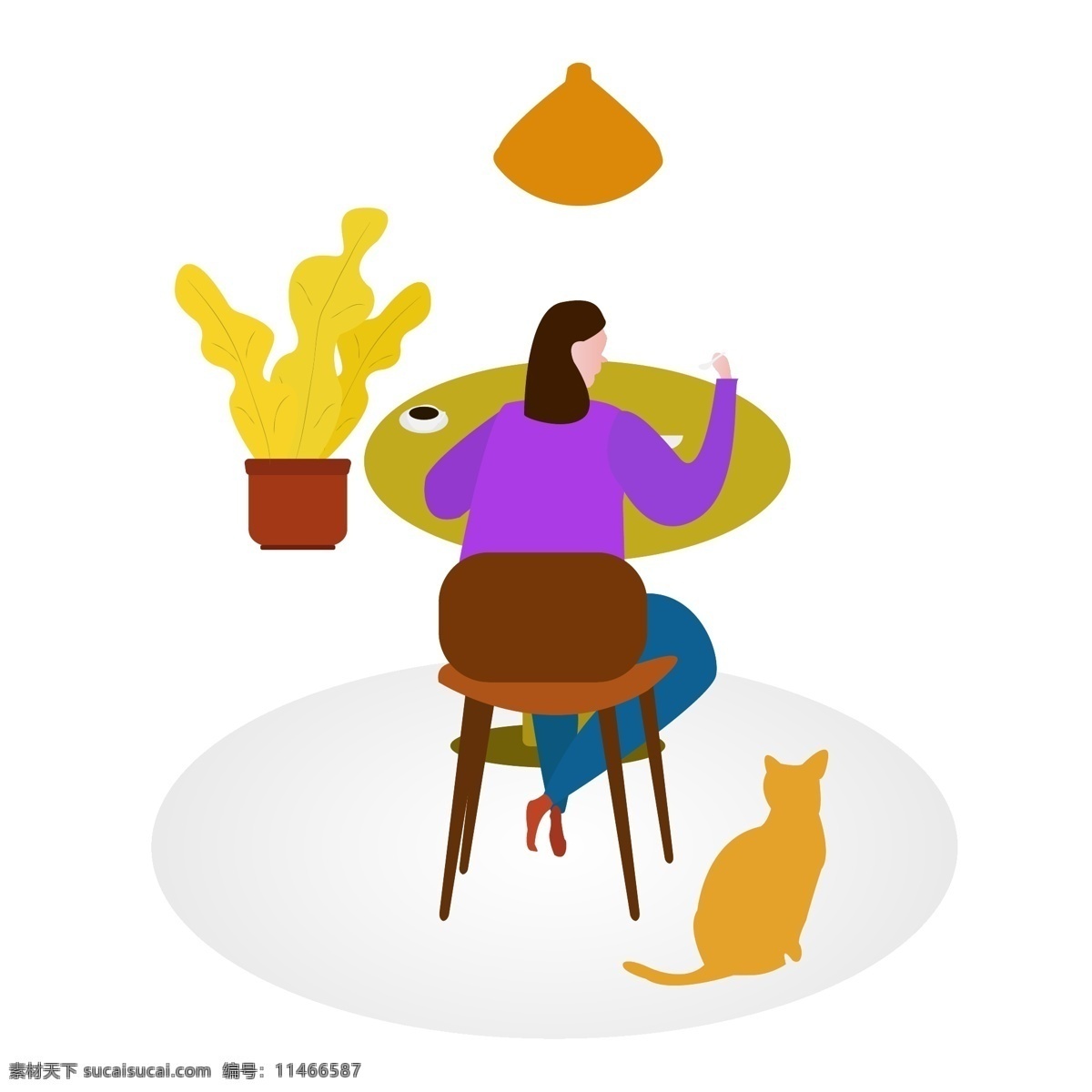 独自 吃饭 女人 矢量 夸张 扁平化 矢量图 咖啡 勺子 碗 卡通画 ppt装饰 植物 猫 桌子 椅子 吊灯 插画 手绘