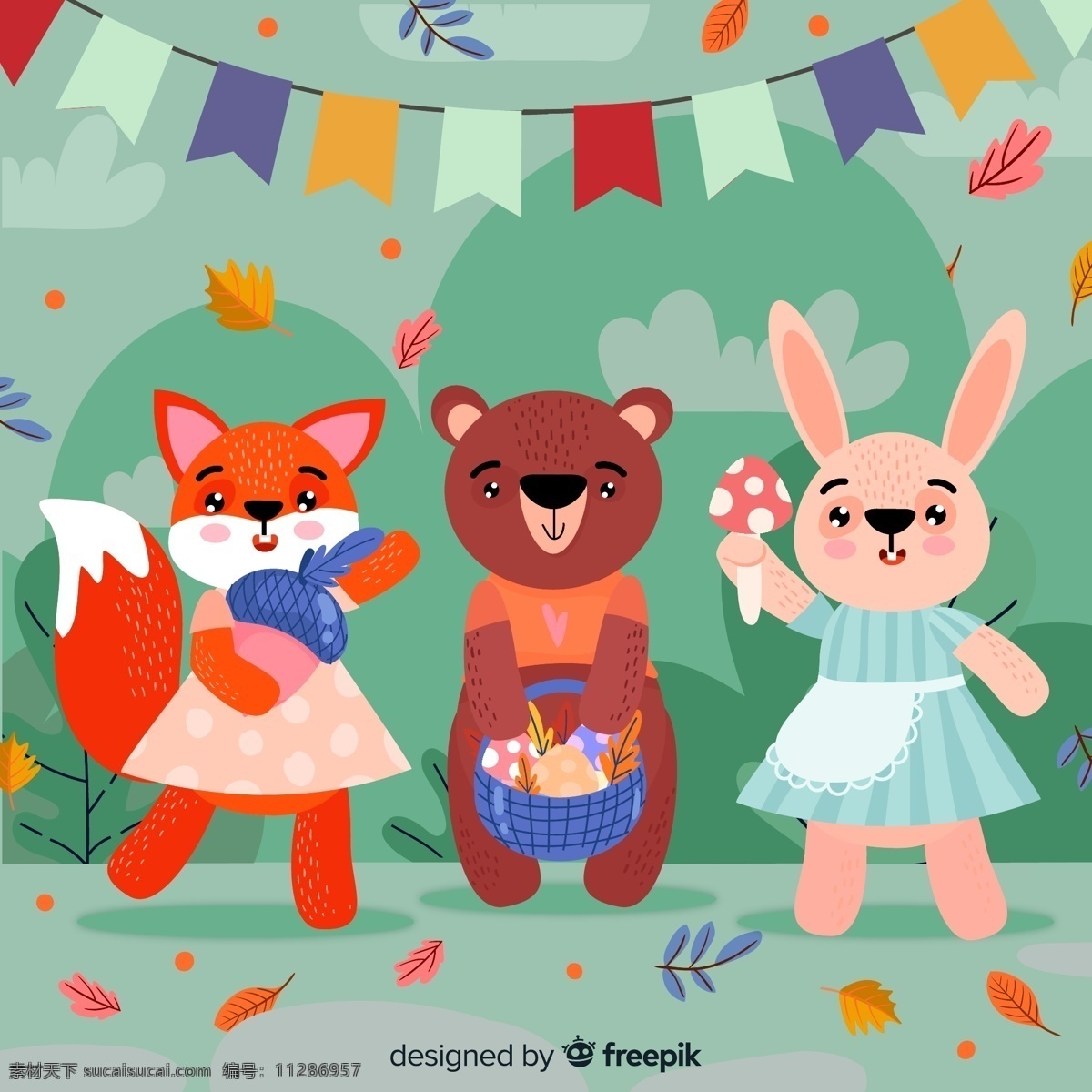 可爱 秋季 森林 动物 拉旗 树叶 山 狐狸 熊 兔子 篮子 橡子 生物世界 野生动物