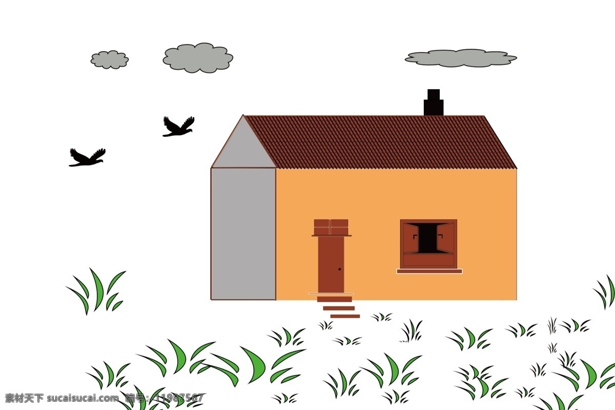 卡通房子图片 房子 草丛 鸟 白云 卡通房子 画册设计