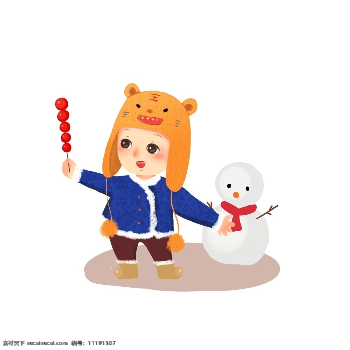 過年 元旦 新年 春節(jié) 虎頭 小朋友 糖葫蘆 2019 雪人 小孩 虎頭帽 開心 喜慶 卡通 可愛 手繪