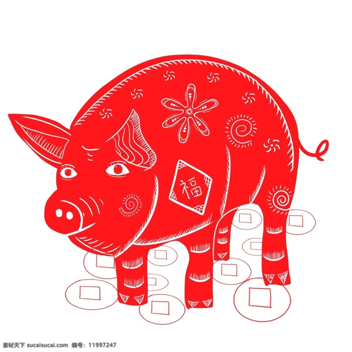 手绘 新年 喜庆 窗花 剪纸 生肖 猪 形象 元素 手绘猪 猪元素 窗花剪纸 猪形象 喜庆猪