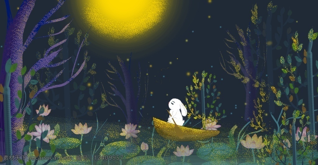 玉兔 兔子 月亮 森林 插画 卡通 可爱 背景