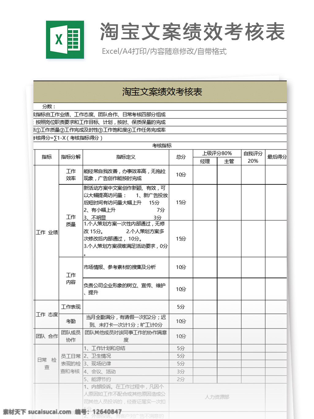 淘宝 文案 绩效 考核表 excel 模板 表格模板 图表 表格设计 表格 员工 人力 hr 绩效表 人力资源管理 人事报表 行业表格 kpi 考核