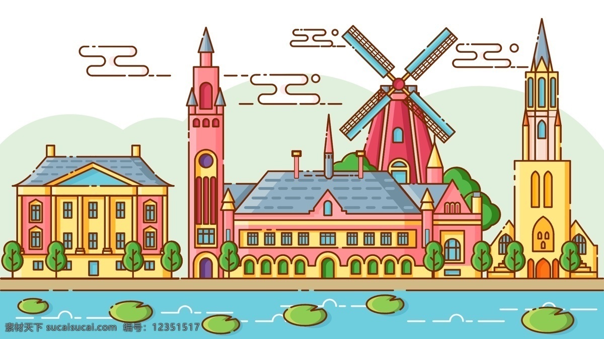 mbe 荷兰 旅游风光 建筑 矢量 插画 风光建筑 风车 教堂 哥特式 可爱 旅游