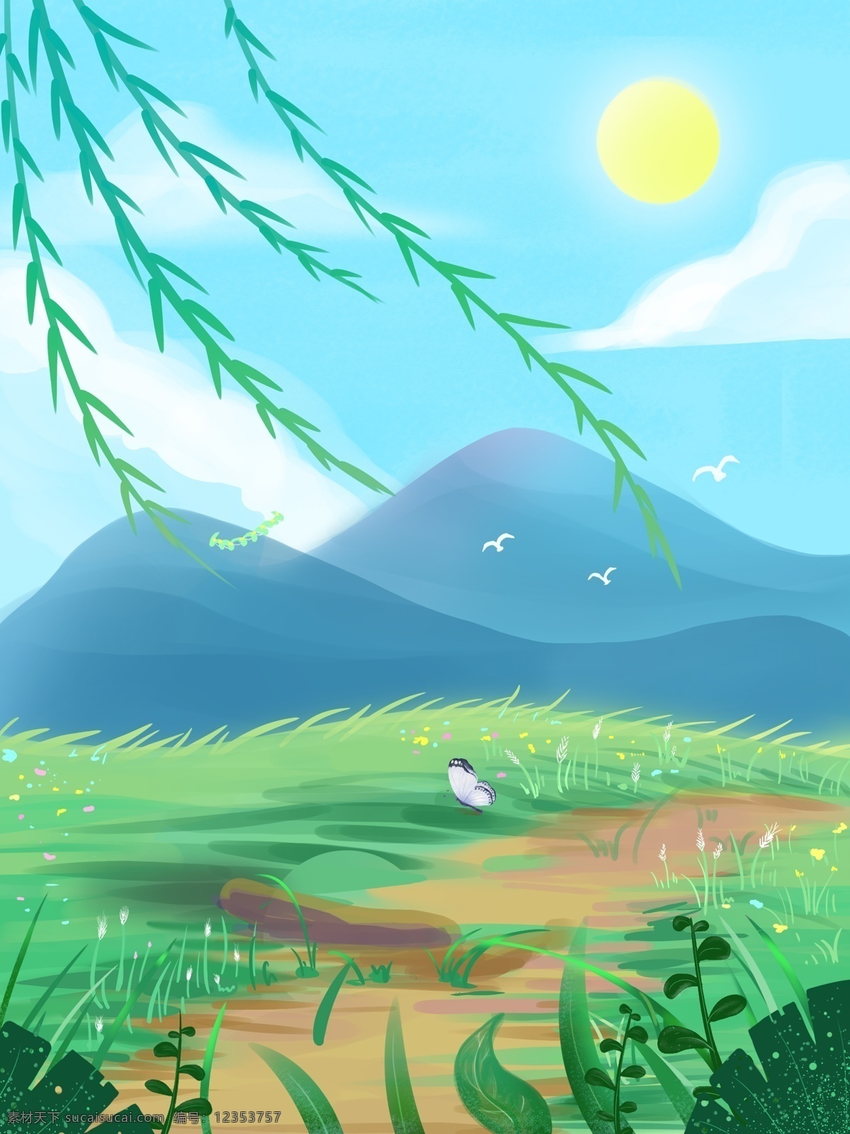 卡通 草地 高山 天空 背景 圖 沙灘 海洋 云朵 水 背景圖 樹 山 卡通設(shè)計(jì)