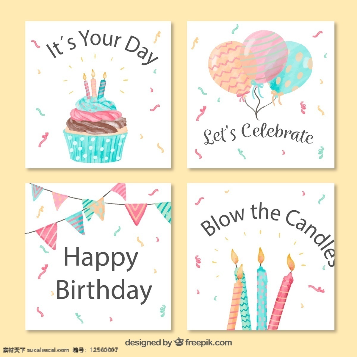 生日 元素 祝?？?纸杯蛋糕 蜡烛 三角拉旗 气球 彩色纸屑 矢量 高清图片