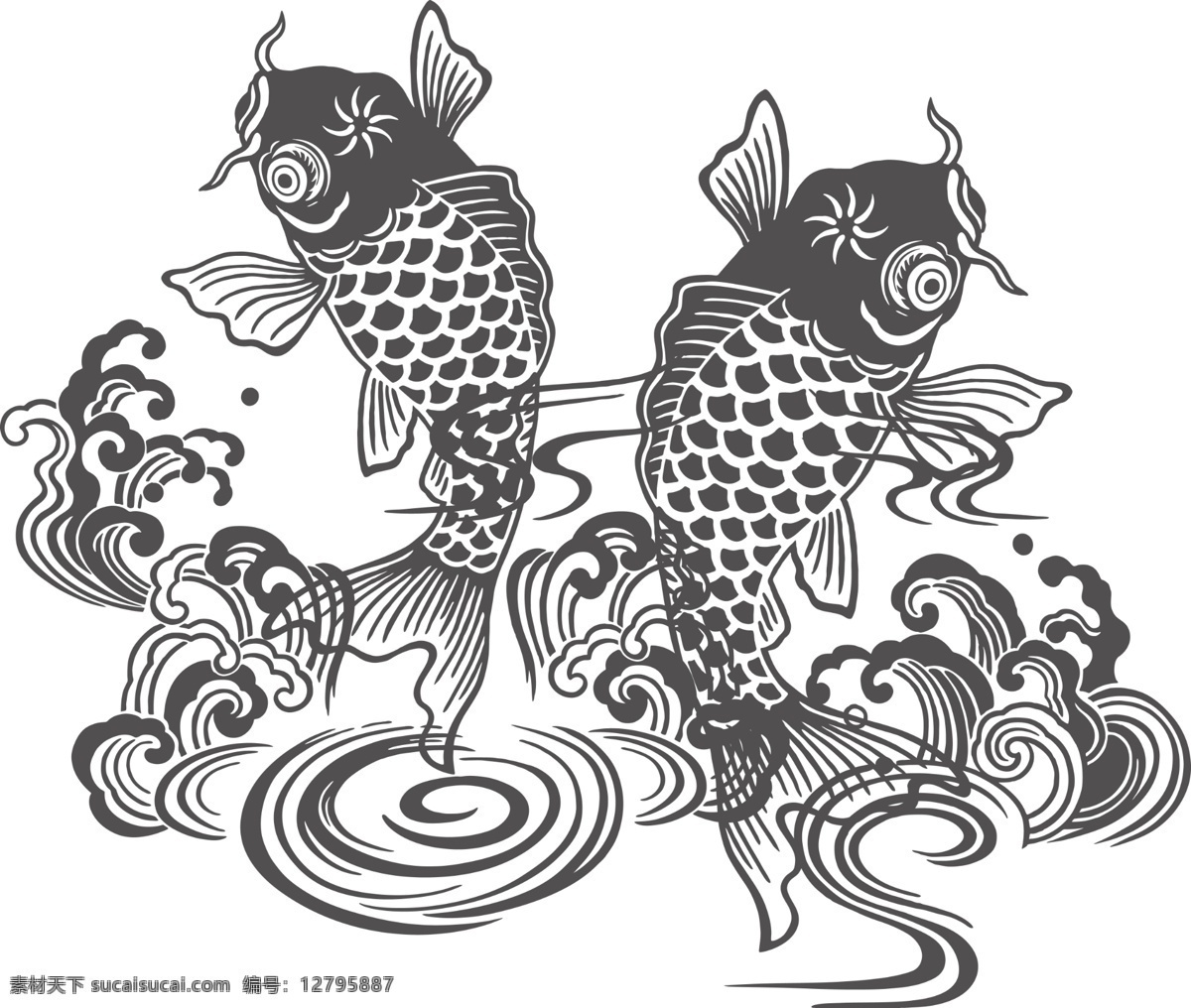 魚躍龍門圖片 瑞獸 神獸 雀鳥 云紋 錦鯉 龍紋 龍 鳳 龍鳳 貔貅 玄武 龜 神龜 仙鶴 魚躍龍門 白描 線描 白描線描賞析 分層