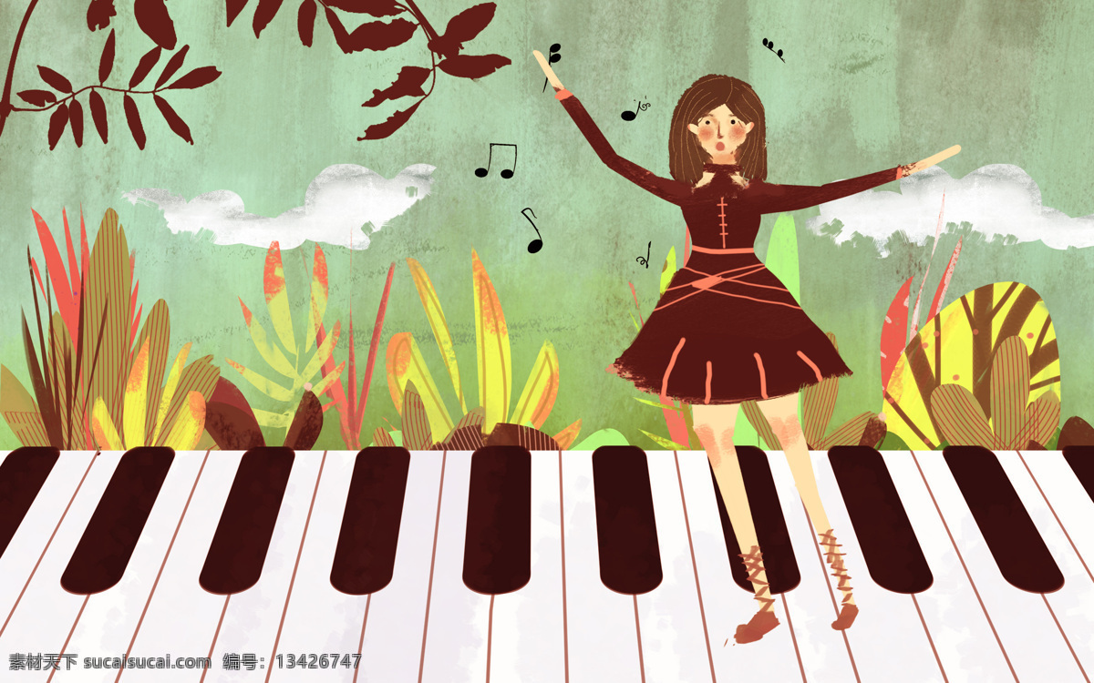 钢琴 少女 音乐 插画 卡通 背景 素材图片 清新 类