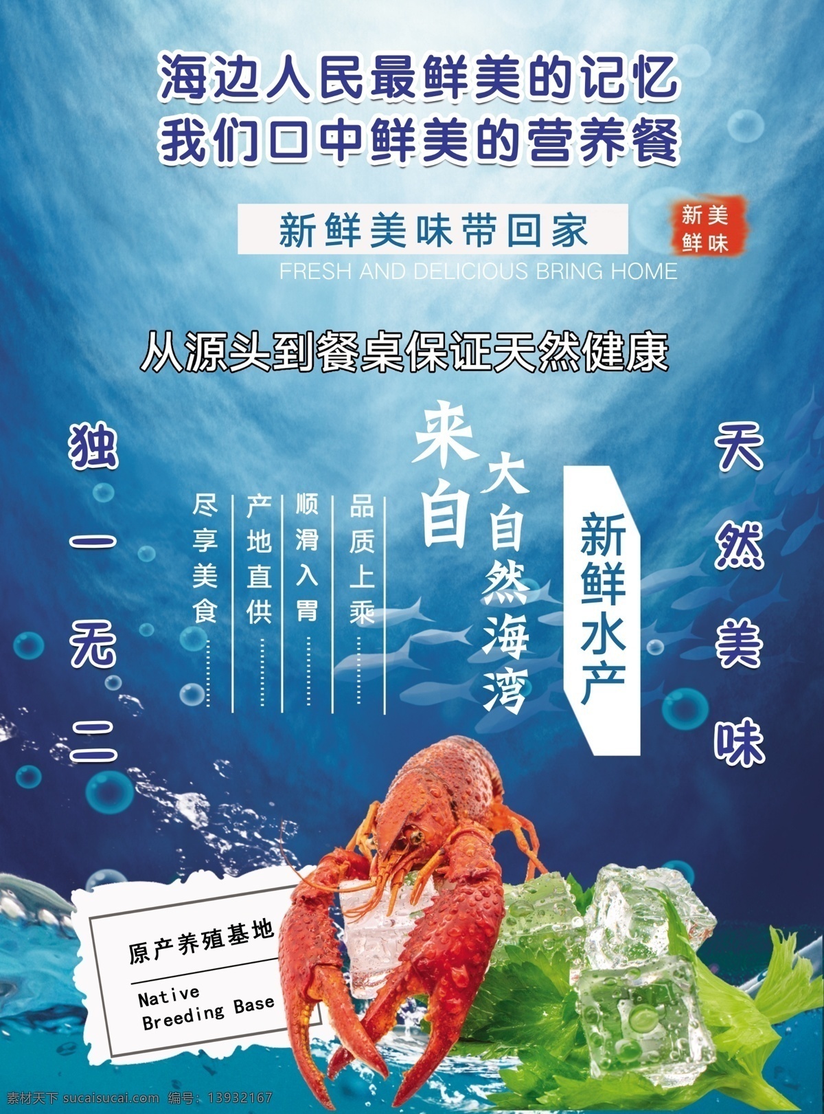 新鲜水产 龙虾 蓝色背景 海中 水 传单 dm宣传单