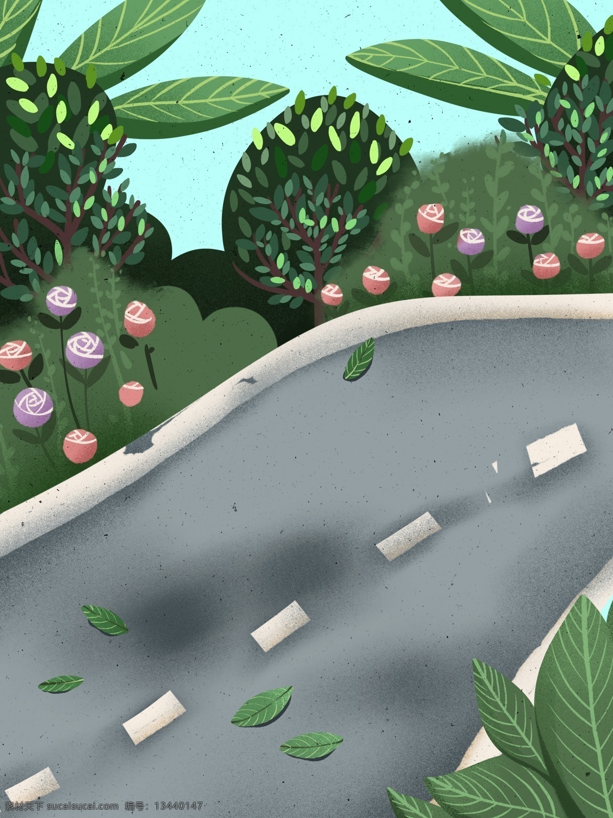 清新 春季 道路 兩旁 花叢 背景 春天 花朵 綠色 樹(shù)林 背景設(shè)計(jì) 特邀背景 促銷背景 背景展板圖 清新背景