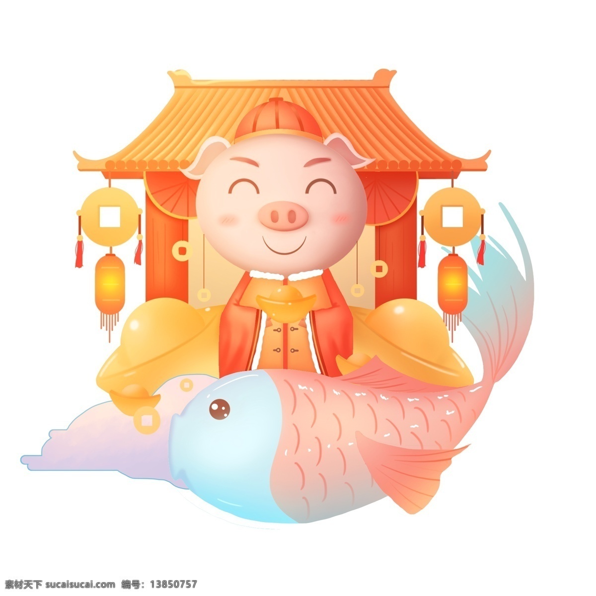 2019 农历 新年 猪年 送 财 元宝 立体 猪 免 扣 猪年大吉 立体猪 卡通手绘风格 送财 送元宝 铜钱 锦鲤 云彩
