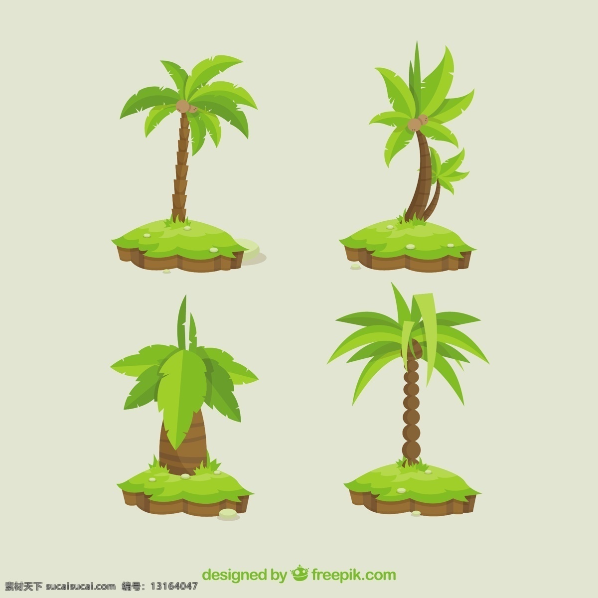 平面设计 中 四棵 棕榈树 树 夏天 树叶 自然 热带 平原 植物 树木 环境 棕榈叶 天堂 树干 套装 四