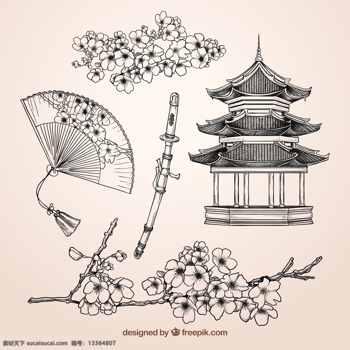 日本櫻花元素 繪制 日本 櫻花 開花 繪畫 東方 櫻桃 電風扇 文化 亞洲 手工 抽紗 手繪