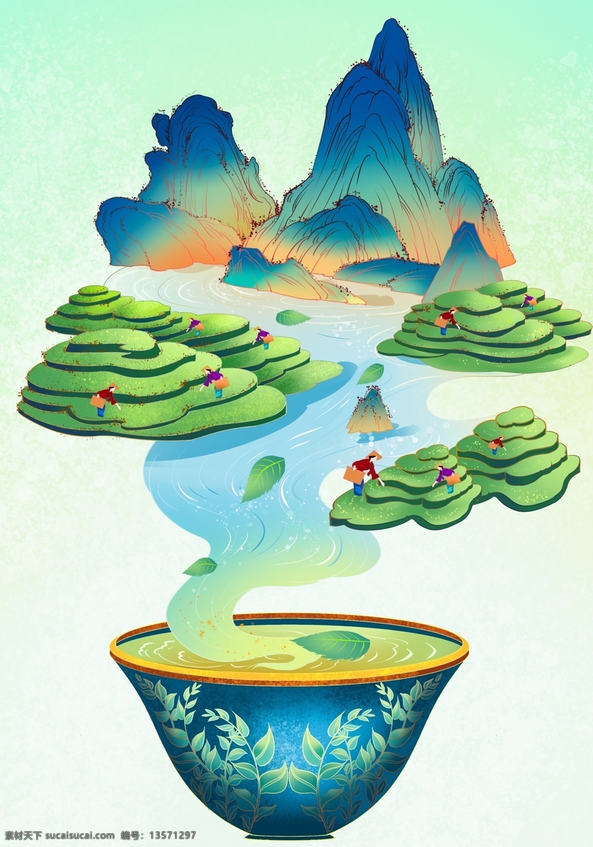 茶叶 茶具 插画 合成 海报 清新 类 背景 分层