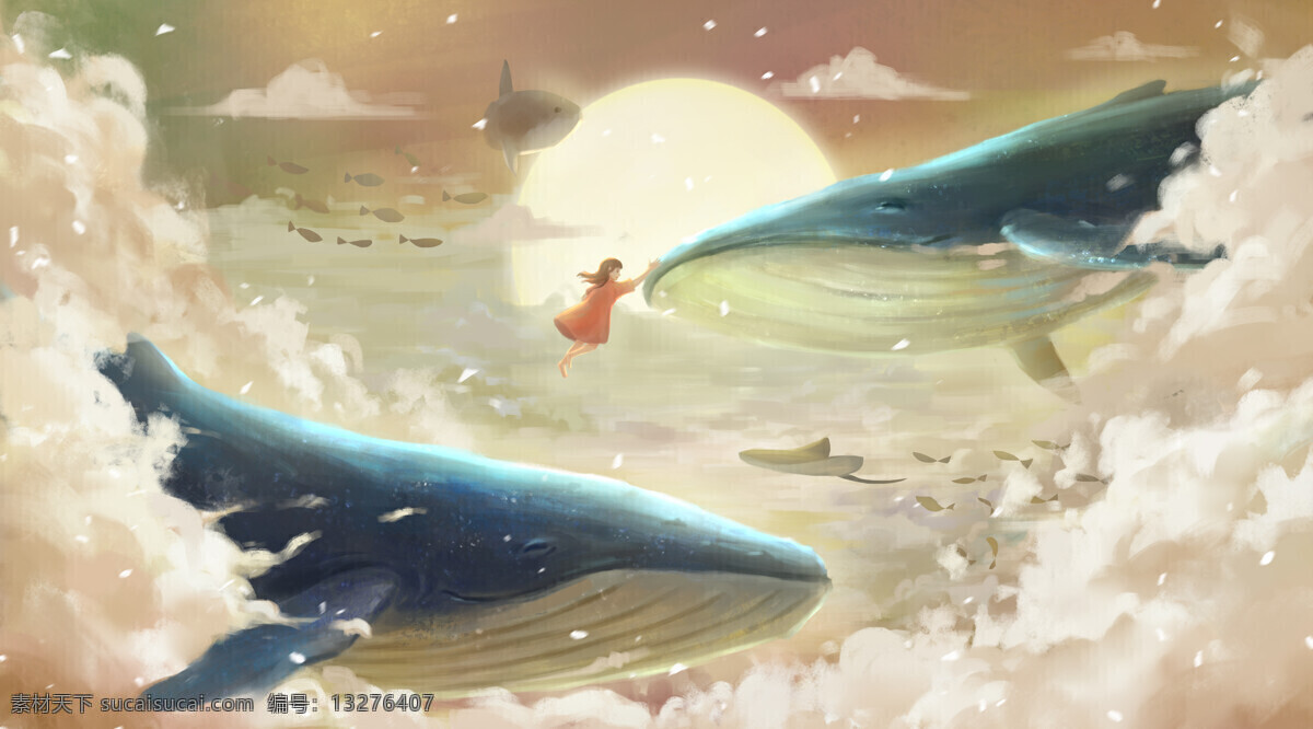 鲸鱼 梦幻 魔幻 插画 卡通 少女 天空 云 背景