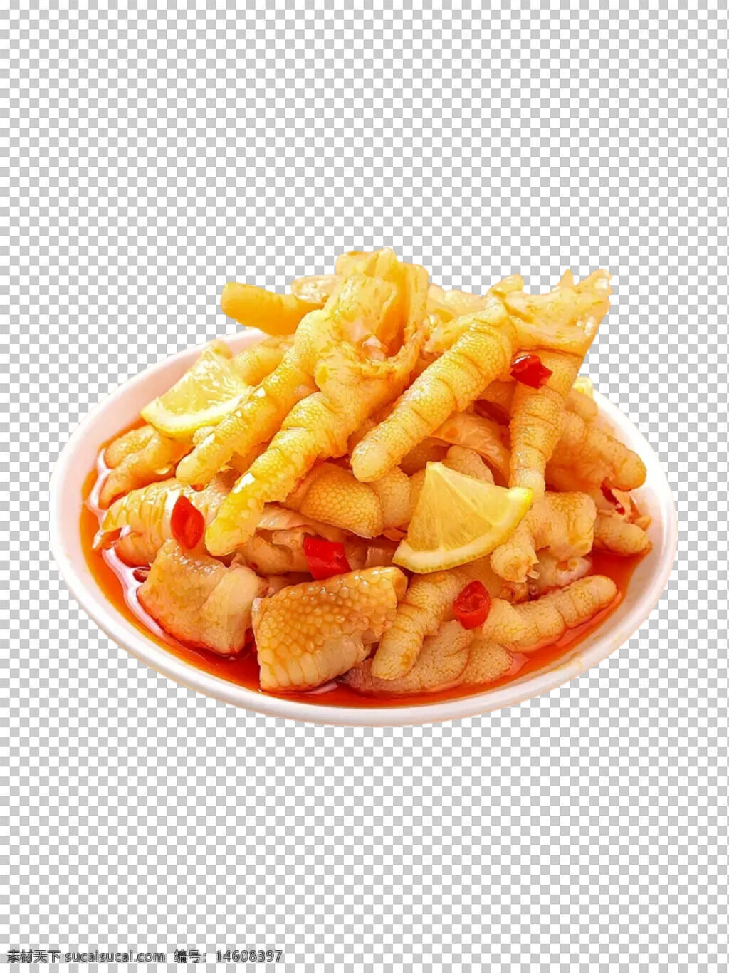 无骨鸡爪 柠檬鸡爪 卤味鸡爪 辣味鸡爪 休闲食品 熟食小吃 柠檬调味 酸辣口感 开胃小菜 辣椒点缀 冷盘食品 传统小吃