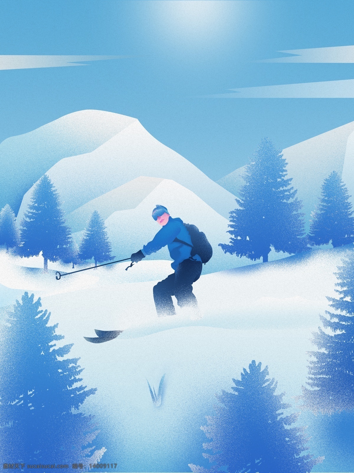 高山 滑雪 场景 肌理 写实 插画 松树 雪山 蓝色 太阳 肌理写实 积雪