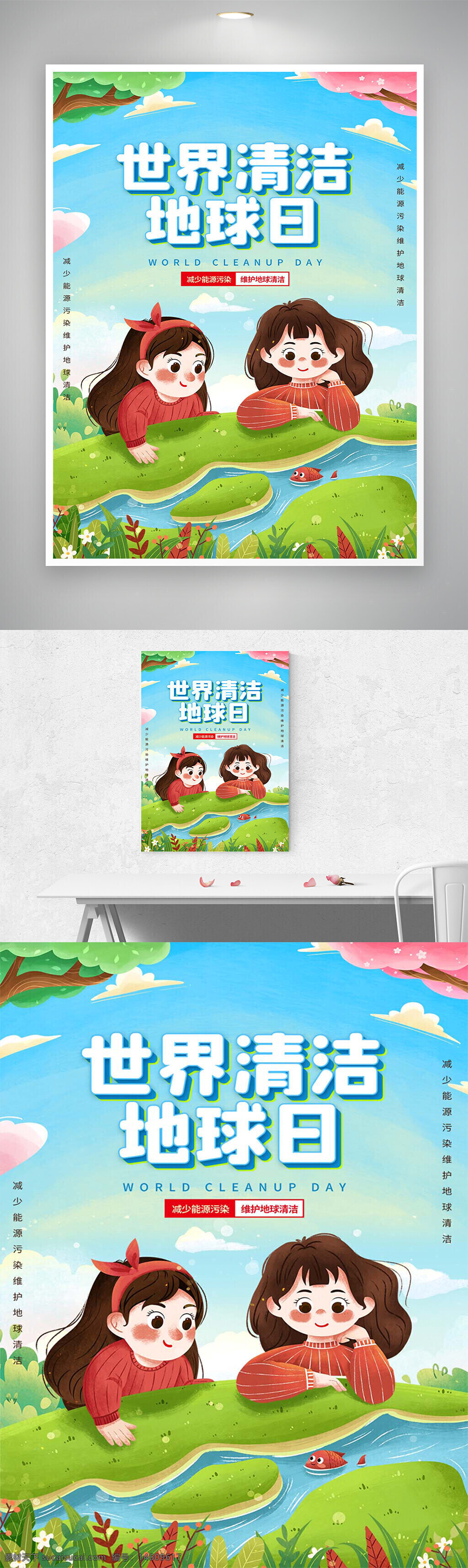 世界清洁地球日 卡通风 清新风 创意设计 手绘风 环保宣传 节日海报 环保主题 地球保护 减少污染 绿色环保 自然风景 可爱插画 节能减排 公益宣传
