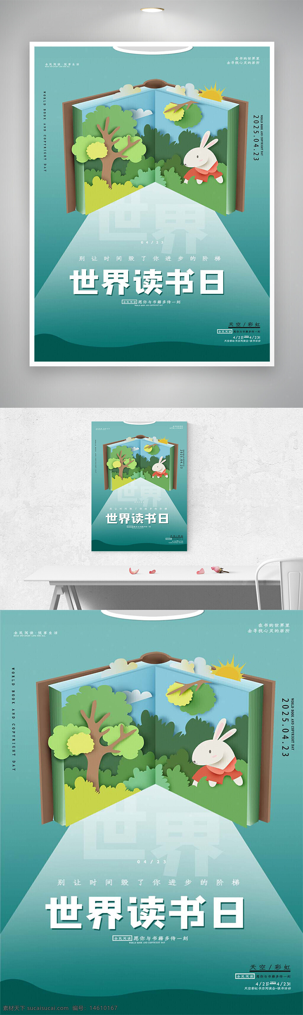 世界讀書日 節(jié)日海報 創(chuàng)意設(shè)計 讀書主題 卡通風格 兔子插畫 書本展開 森林場景 插畫設(shè)計 文化宣傳 閱讀推廣 版權(quán)保護 書籍主題 公益活動 節(jié)日宣傳