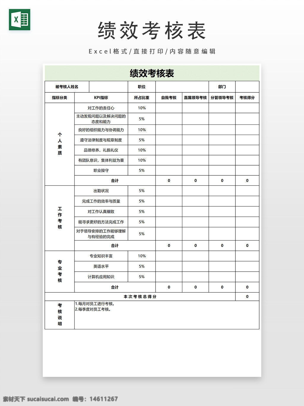 绩效考核 绩效管理 员工评估 考核表模板 绩效评分 工作表现评估 个人素质考核 工作考核 专业考核 excel模板 考核指标 部门绩效 员工绩效评估 公司绩效管理 绩效评分表