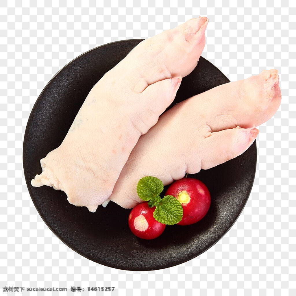 生豬蹄 新鮮豬蹄 白色豬蹄 食材原料 蘿卜裝飾 薄荷點綴 黑色盤子 生鮮食材 豬蹄食材 廚房烹飪 中式食材 豬蹄擺盤