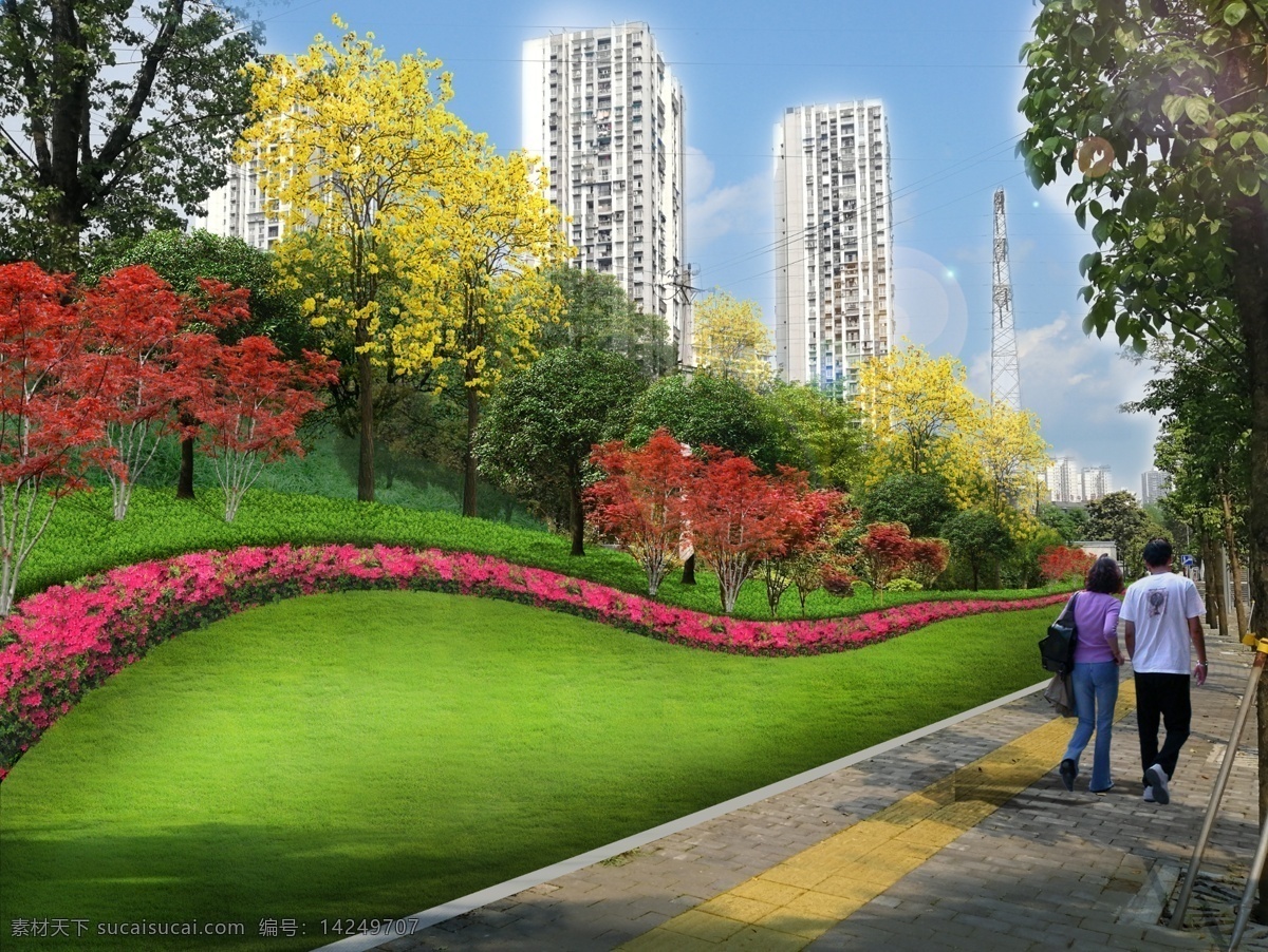 城市绿化 绿化边坡 市政图片 市政 提档升级 灌木带 疏林草地 斜坡 人行道 环境设计 景观设计