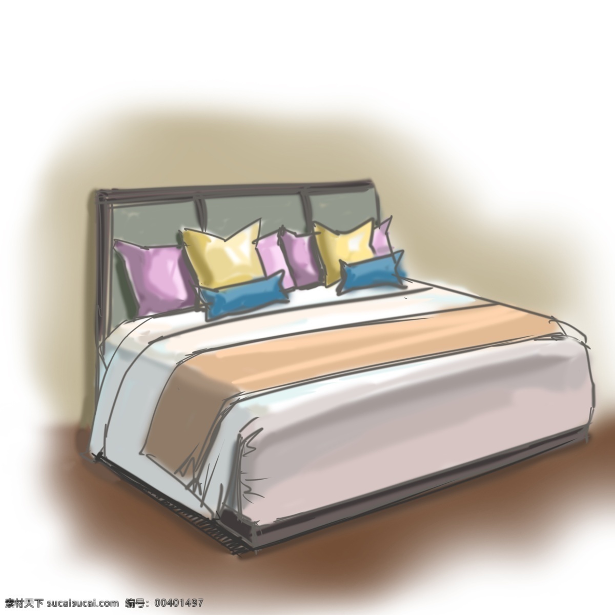 家具 床铺 枕头 卡通 手绘 被子 简约风格 装修 木头 枕巾 豪华家居 居住 房间 卡通风格手绘