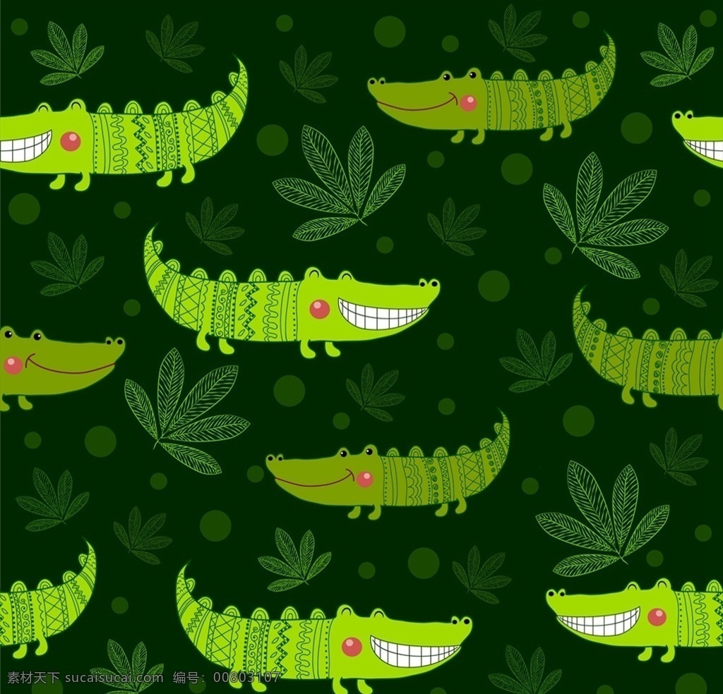绿色 鳄鱼 无缝 背景图片 笑脸 无缝背景 树叶 矢量图 矢量 高清图片