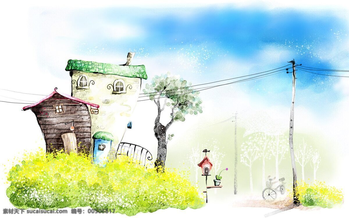 韩风 手绘 水彩 插画 小镇 别墅 房屋 户外 街景 路口 小屋 自行车 插画集