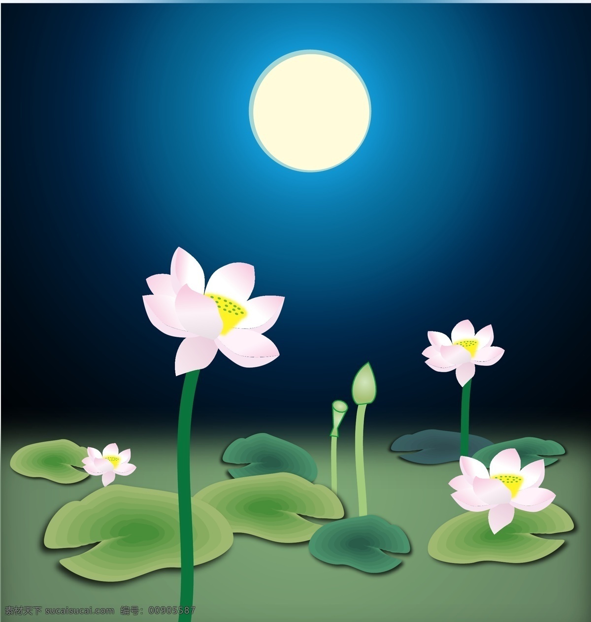 荷塘 月色 风景画 荷花 荷塘月色 夜景 月亮 自然风景 自然景观 矢量 模板下载 矢量图 其他矢量图