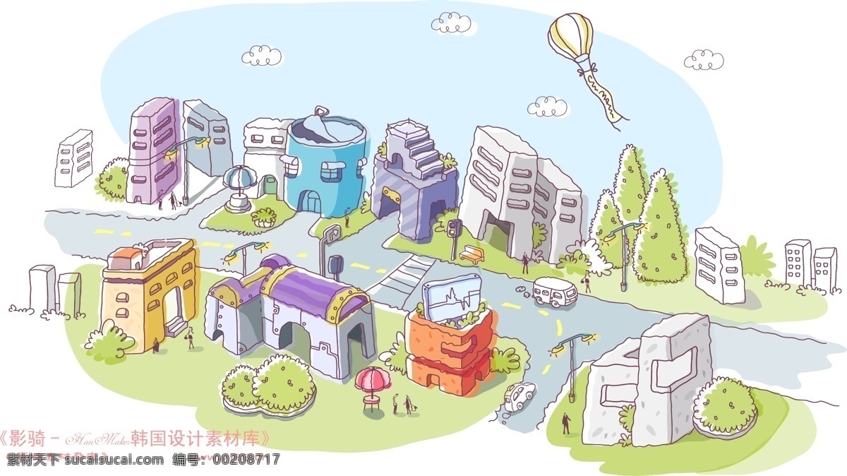 线条 城市 风景 hanmaker 韩国 设计素材 库 线条城市风景 卡通 漫画 手绘 矢量图 建筑家居