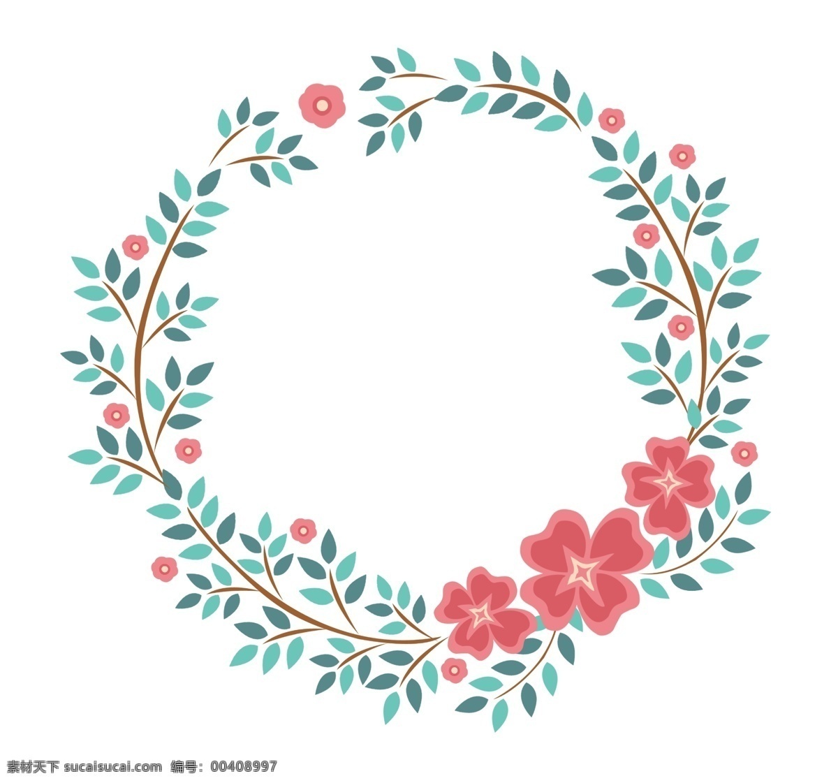 红色 花朵 花环 插画 红色小花 植物 绿叶 藤蔓 红花花藤 红色花朵花藤 花藤插画 漂亮花朵花环