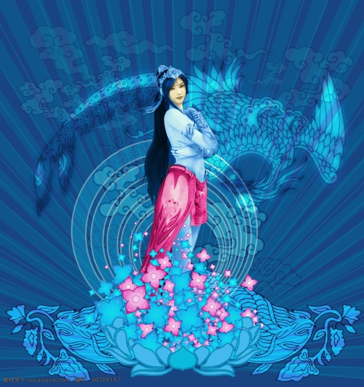 凤凰 侠女 主题 插画 蓝色 发光 鲜花