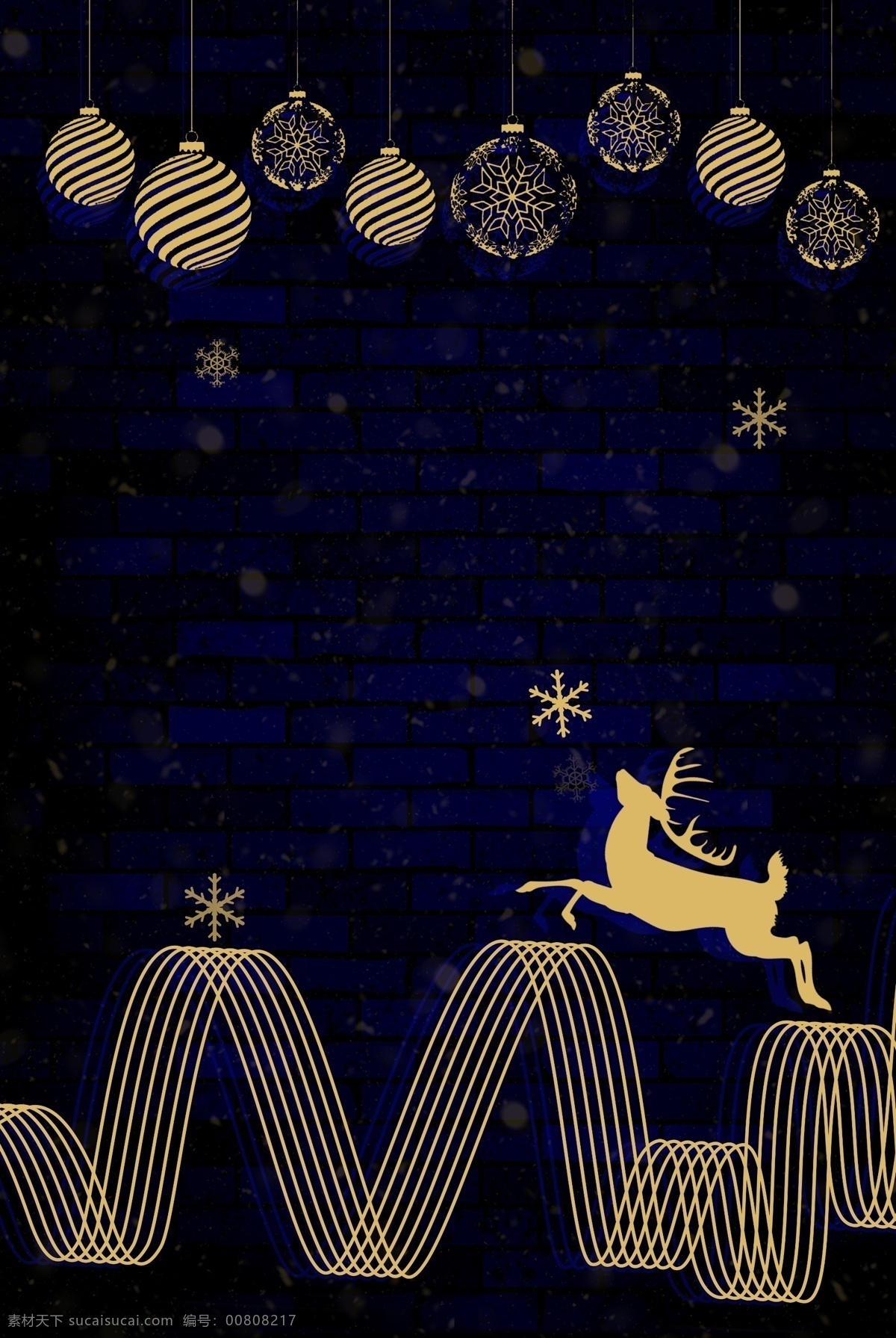 圣诞节 烫金 海报 背景 鹿 跳跃 圣诞球 雪花 下月 12月25日 线条 抽象山