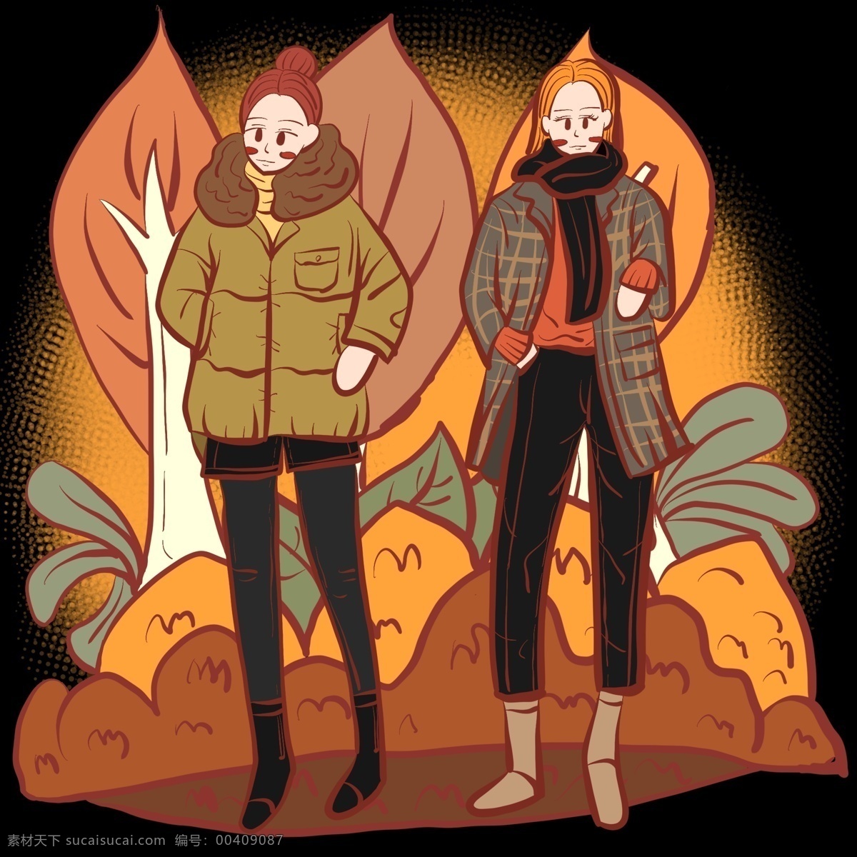 小 清新 少女 文 艺风 手绘 插画 女生 文静少女 青春少女 手绘可爱植物 大树 植被叶片草丛 棉大衣 围巾 筒靴 双十二 电商 活动 通用 插图 文艺 文静