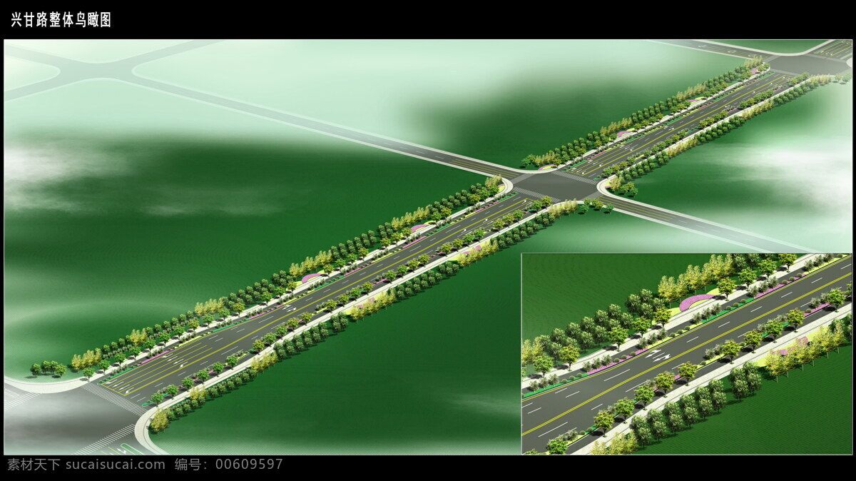 道路效果图 道路景观 效果图 鸟瞰图 总体效果图 绿化 隔离带 景观设计 环境设计