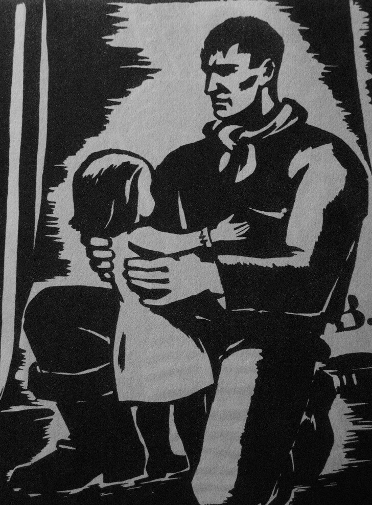 渔夫 女儿 木刻版画 法朗 士 麦绥莱勒 1932年 父女 小孩 女孩 男人 父亲 领巾 裙子 艺术 绘画 雕版 印刷 木刻 版画 作品 绘画书法 文化艺术