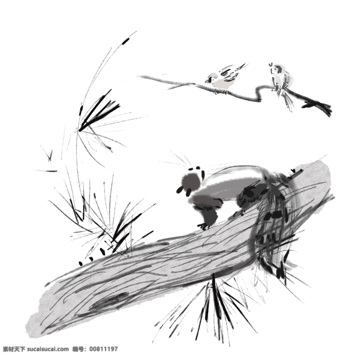 水墨 国风 手绘 动物 元素 中国风 树木 鸟 树林 松树 场景