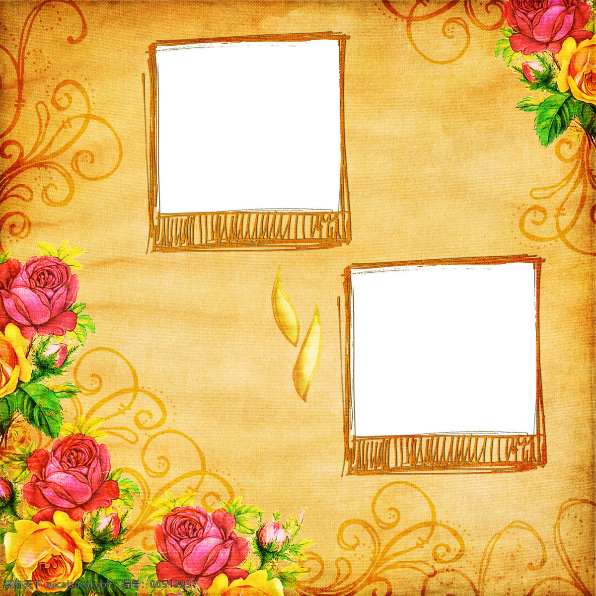 边框相框 底纹边框 红花 花边 花朵 金色 绿叶 相框 设计素材 模板下载 富丽 照片 异域