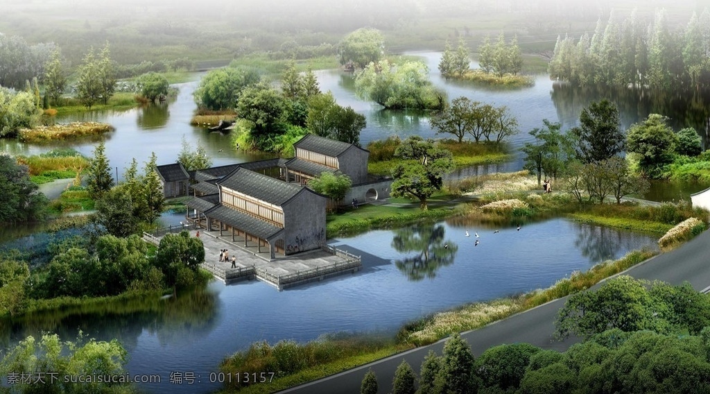 古建 古建筑 水乡 水乡别院 古院 水榭 庄院 水上庄院 效果图 环境效果图 环境设计 分层效果图 ps效果图 效果图系列