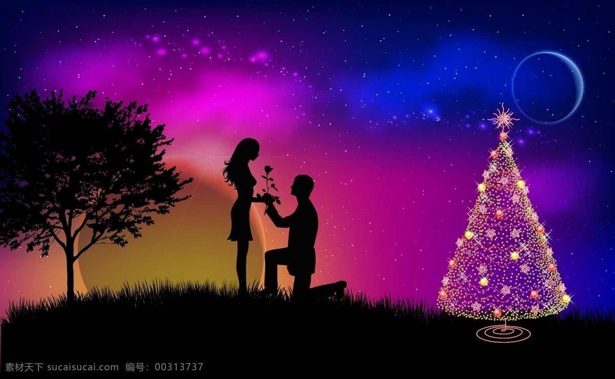 圆月 下 情侣 求爱 草坪 圣诞树 浪漫 星空 剪影 爱情 月亮 求婚 夜晚 矢量