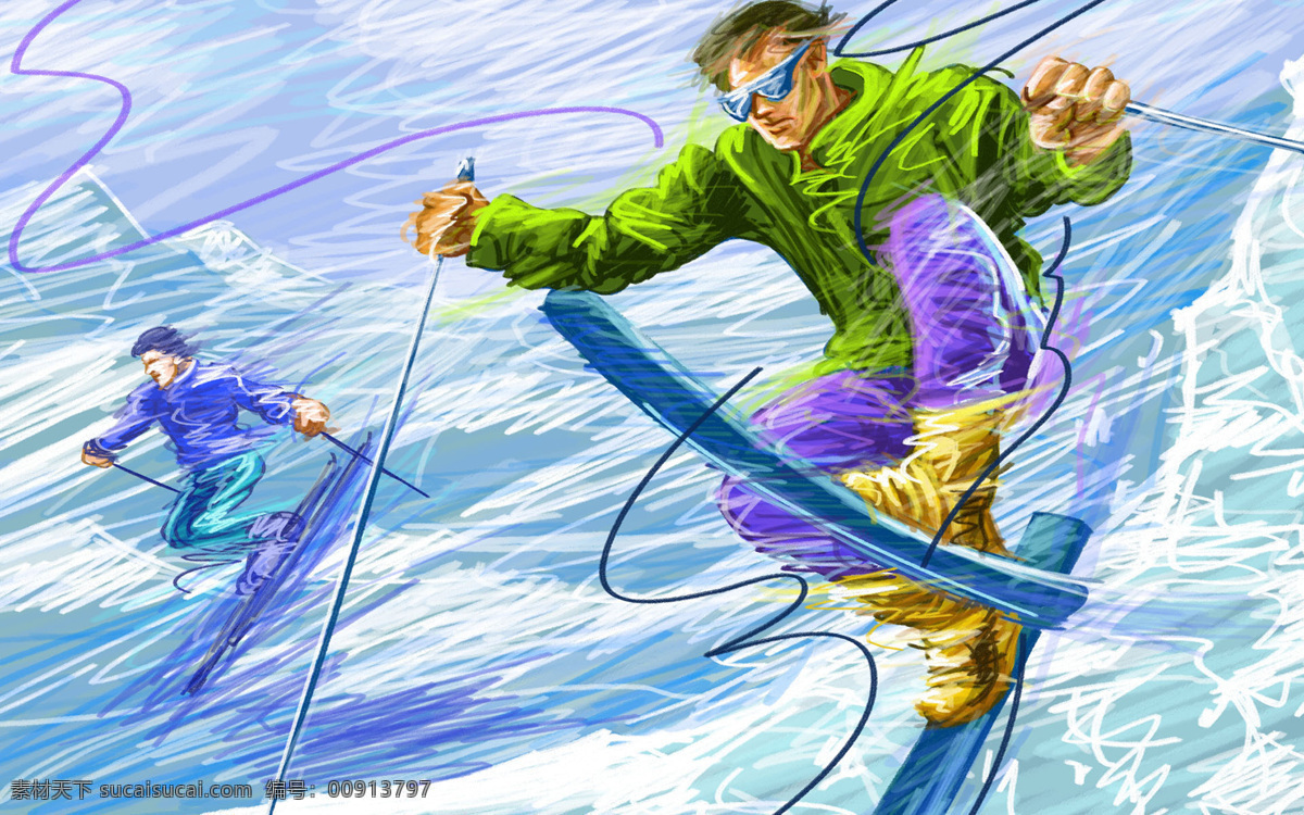 线条 手绘 人物 滑雪 创意 运动人物 画笔线条 滑雪比赛 插画集