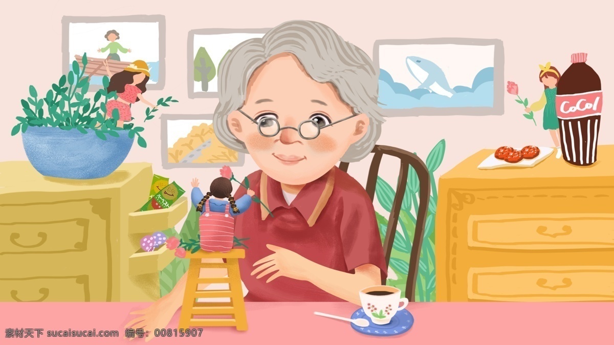 原创 手绘 插画 关爱 老人 居家生活 桌子 女孩 植物 照片 手绘插画 关爱老人 奶奶 柜子