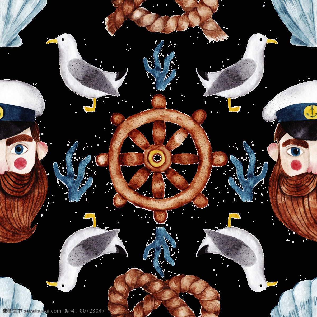 手绘 航海 风 标志 装饰 透明 背景 船舵 海草 海军 海鸥 免扣素材 透明素材 装饰图片