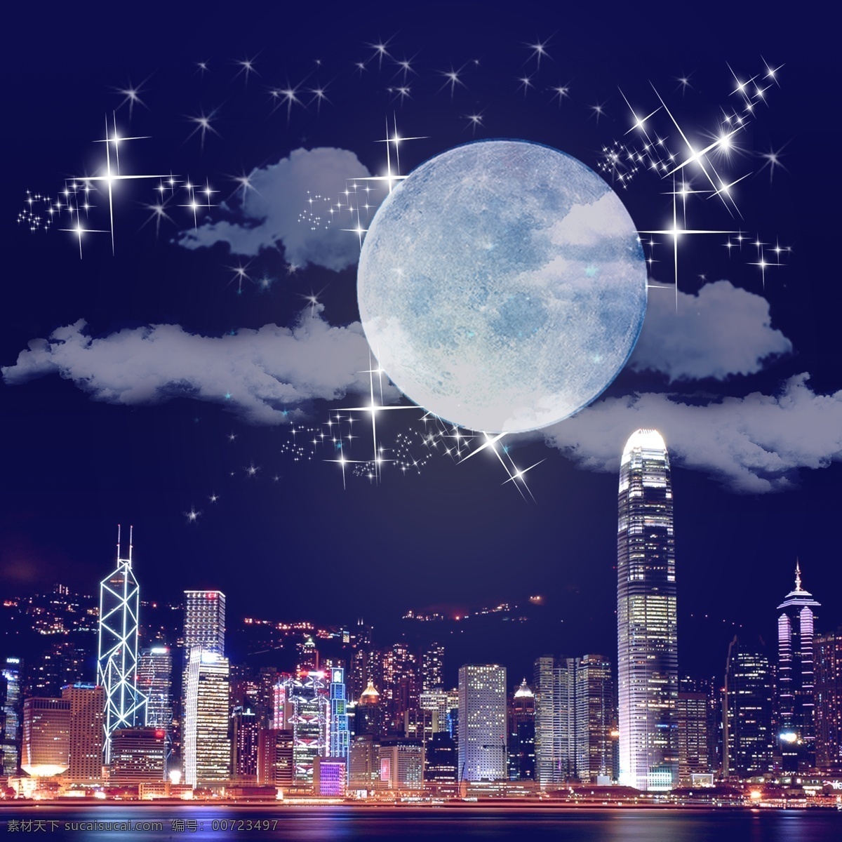 香港 国际 大都市 夜空 香港夜空 维多利亚港口 月亮 白云 璀璨的星空 星光 熠熠 港口 上空 美景 黑色